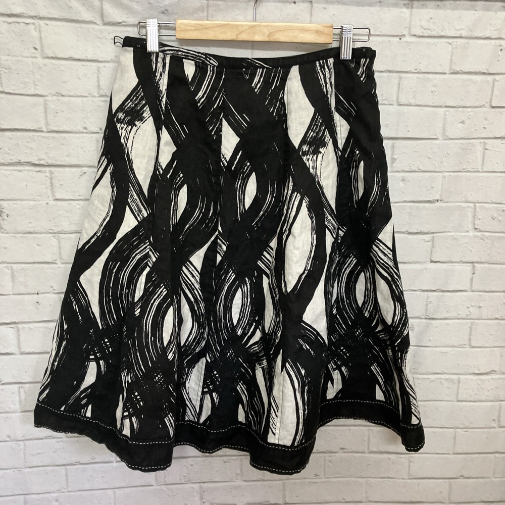 Grace Elements Linen Midi Skirt Size 8 Black White Abstract Print A-Line